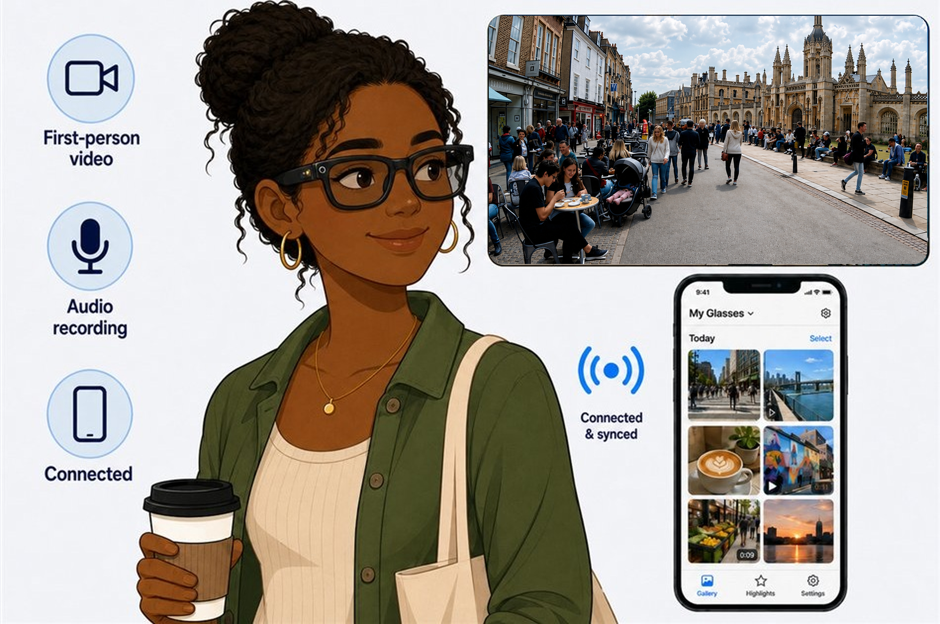 Illustration of a person wearing consumer smart glasses that record first-person video and audio, connected to a phone app, with an inset showing an example of what the glasses record.